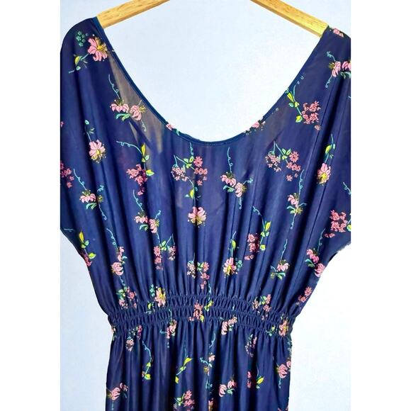 Young USA Navy Blue Floral Midi Dress Size L Elastic Waist Short Sleeve NWT - Picture 7 of 10